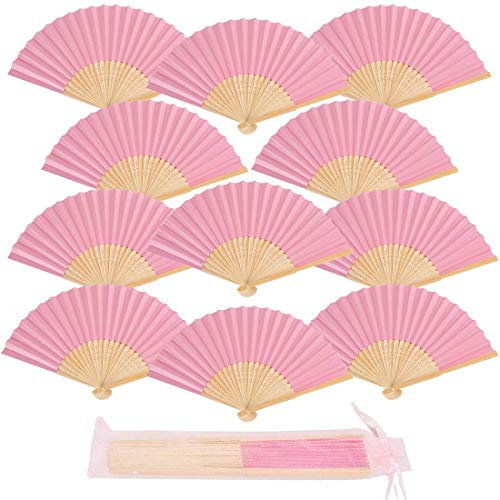 iZoeL 12 pcs Eventail Mariage Eventail Pliant Ventilateur Bois Papier et Blanc Eventail Japonais Poche Pliante Demoiselles Cadeaux Mariage Fête Decorer Danse fête décoration DIY (Rose)