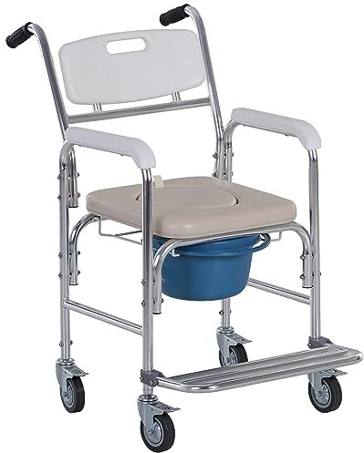 HOMCOM Sedia a Rotelle Impermeabile con WC Seduta in Ecopelle, 4 Ruote, Vaso Rimovibile per Anziani/Disabili, 84x54x96cm