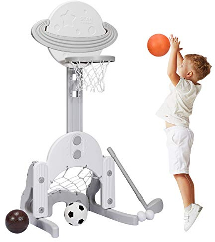 Costzon Kids Basketball Hoop, Toddler Sports Activity Center with 5 Adjustable Height Levels, Basketball Soccer Golf Game Set, Indoor Outdoor Basketball Hoop Set Best Gift for Baby Infant