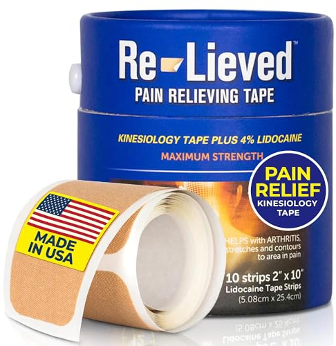 4% Lidocaine Maximum Strength Pain Relief Kinesiology Tape - Relieves Back, Joints and Muscle Pains - Superior Sticking, Aluminum-Free Water Resistant, and USA Made - 2 x 10 Strips