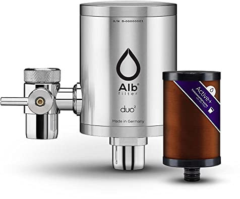 Alb Filter® Duo Active Plus+ Trinkwasserfilter | Armatur Anschluss | Filtert Bakterien, Schadstoffe, Chlor, Pestizide, Mikroplastik. | Set mit Gehäuse und Kartusche | Made in Germany Edelstahl Natur