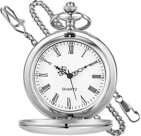 Tiong Vintage Silver Smooth Steel Pocket Watch with Chain Roman Numerals Silver Men's Quartz Pocket Watches for Men