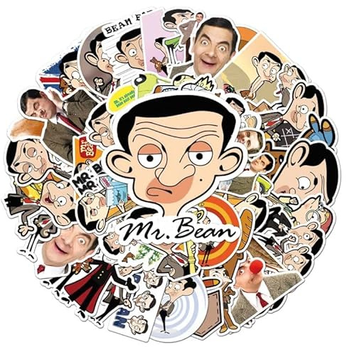 Mr. Bean Aufkleber, 50 Stück, Vinyl, niedliche Anime-Aufkleber für Laptop, Skateboard, Wasserflasche, Gepäck, Computer, Handy, Gitarre, Fahrrad, Auto, wasserdicht, lustige Cartoon-Aufkleber für