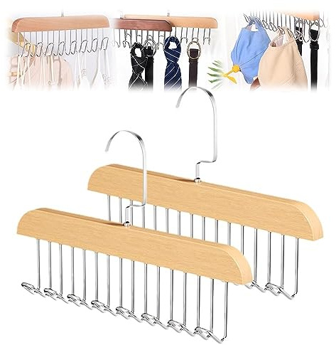 EHOTER 2 perchas de madera para cinturón para armario con 8 ganchos, antideslizantes, multigancho, perchero multifuncional con múltiples ganchos para corbatas y bufandas (beige)