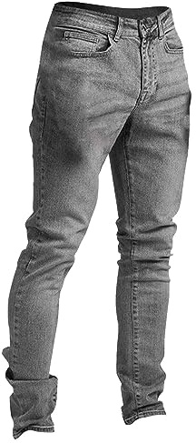 Buetory Mens Relaxed Fit Straight Leg Jeans Classic Stretch Tapered Leg Moto Biker Jeans Distressed Denim Jean Pants Trousers Grey