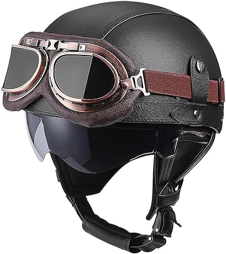 YMKJGZS German Style Leather Motorcycle Half Helmet - DOT Approved Vintage Cap Half Face Shell Motorcycle Helmets for ATV Adults Men Women Cruiser Chopper Built-in Goggles (14,M)
