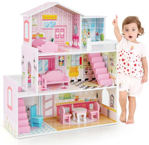 GOPLUS Maison de Poupée en Bois, Maison de Rêve à 3 Étages avec 5 Pièces Simulées, 10 Meubles, Jouet de Rôle Éducatif, Cadeau Parfait pour Filles de 3 à 7 Ans, 60 x 25 x 70 cm, Rose