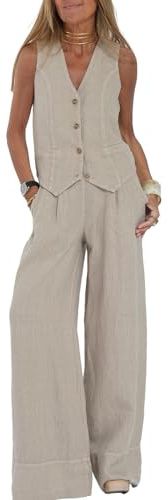 FeMereina 2-teiliges Damen-Outfits, Leinen, passende Sets, Trainingsanzug, Knopf, Tank-Tops und Hose mit weitem Bein, Set, Business, Arbeit, Streetwear, beige, M