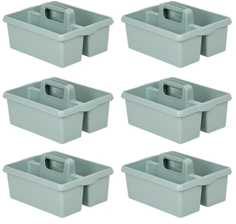 6 X Heavy Duty Large Plastic Handy Kitchen Tool Cleaning Tool Box with Handle Utility Storage Tidy Organiser Tote Tray Two Compartment Cleaners Carry Caddy Multipurpose Cleaning Tools - Silver Sage