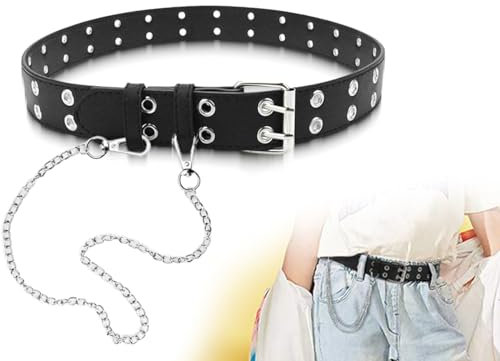 Lhbwhiz Punk Kinder Gürtel, Nietengürtel mit Abnehmbarer Kette, Doppelte Öse, PU Taillengürtel, Vintage-Look, Elastischer Gürtel, für Jeans, Röcke (90cm, Schwarz)