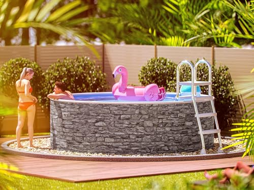 poolomio® Piscine Ronde à Paroi en Acier - 460 x 120 cm - Aspect Pierre - Hors Sol ou Encastrable - Kit Complet avec Film Intérieur 0,5 mm, Skimmer et