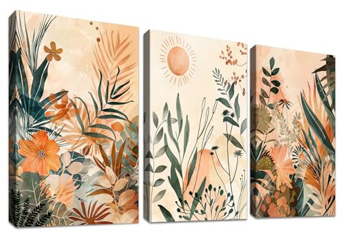 3 Pcs Marco De Madera Cuadro Moderno Flor BotáNica y Hojas Verdes Lienzo Decorativos Pintura Imagen Floral Acuarela Flores Silvestres Cuadros Decoracion Salon Dormitorios Baño Pasillo 30cmx40cmx3