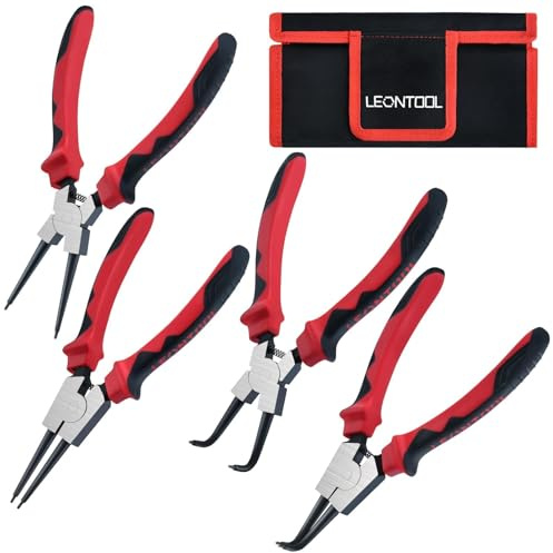 LEONTOOL 4 Pcs Snap Ring Pliers Set, 9-inch Internal & External Circlip Pliers, Straight & Bent Jaw, Carbon Steel, Red & Black, PLIERS
