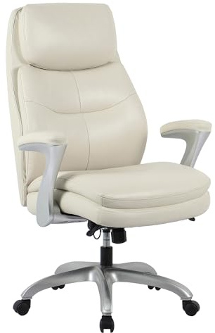 Realspace® Everton Ergonomic Vegan Leather High-Back Executive Chair with Flip-Up Armrests, Beige/Silver, BIFMA Compliant