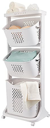 Wäschekorb 3 Fächer auf Rollen, Wäschekorbwagen Mehrstöckig, Kunststoff Wäschekorb mit Rollen, Laundry Basket Kunststoffkorb für Wäsche Wäschebox Wäschesammler Aufbewahrung Plastik weiß