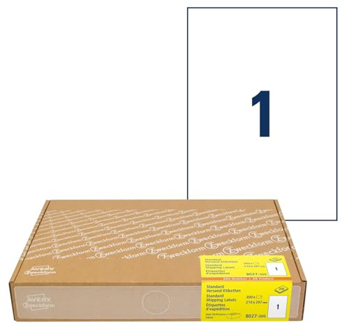 AVERY Zweckform 8027 fraktetiketter (300 självhäftande etiketter A4, 210 x 297 mm på A4, tryckbara fraktklistermärken för Hermes, DHL, GLS, DPD, UPS, Fedex, självhäftande adressetiketter, 3478) 300