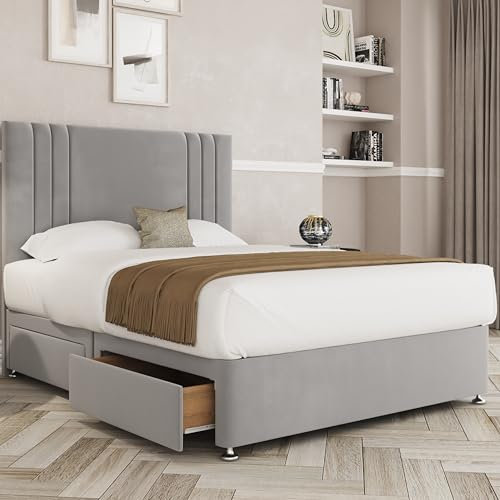 THE BED VILLAGE YORKSHIRE Ripon with Footboard King (5ft) Divan Bed with Mattress, Headboard & 4 Drawers | Silver Grey Plush Fabric | Premium British Timber | Sustainable Handcrafted Design