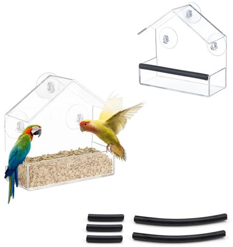 TIANLIN 2 Stück Vogelfutterhaus Fenster, Transparent Vogelhaus Fenster, Acryl-Kabinenform, Saugnapf Vogelhaus Durchsichtig Fenster, mit Schwarzem Klebestreifen, 15 x 15 x 6 cm, für Vogelfütterung