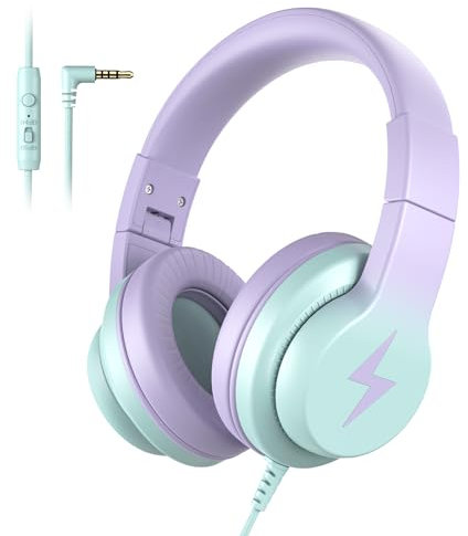 Candy Bila Kids Headphones, Wired Headphones for Kids Over Ear with Microphone, 85/94dB Volume Limiter Headphone for Girls Boys, Foldable Headphone for Learning & Entertainment,Gradient Purple
