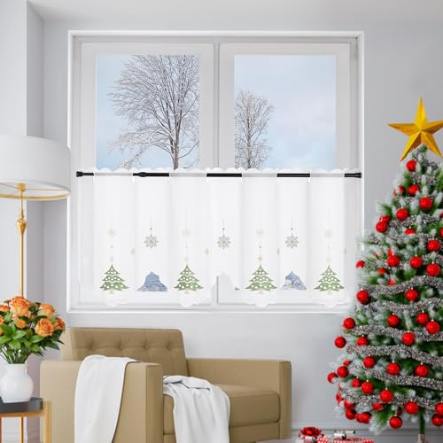 Yujiao Mao Transparenter Vorhang im Weihnachtsdesign, bestickt mit Weihnachtsbaum, für Balkon, Küche, Schlafzimmer, Esszimmer, Wohnzimmer, 1 Stück, Grün, HxB 45x140cm