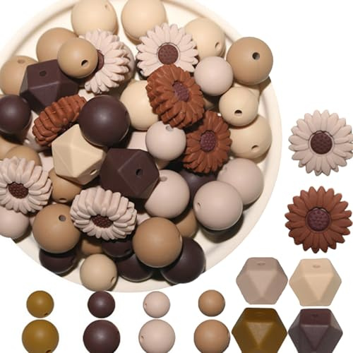 Ferizzia 64 Stück Generic Silikonperlen Set, DIY Gänseblümchen Bastelperlen, Blumen Silikonperlen Set, für Schlüsselanhänger, Schmuckherstellung, Halsketten, Armbänder, Dekorationen (Braun)