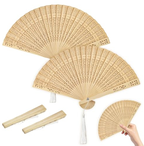 Éventail Bois, 2PCS Ventilateur Pliant, Pliants en Bambou, Eventail Mariage, Pliable Ventilateurs, pour Été Chaud, Danse, fête, Cadeaux de Mariage