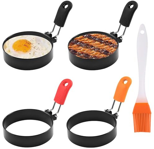 3.5 Nonstick Stainless Steel Egg Rings Set of 4 with Oil Brush, Round Crumpet Ring Mold for Muffins Pancake Cooking Griddle, Portable Grill Accessories for Indoor Camping Breakfast Sandwich Burger