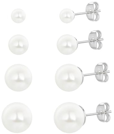 Perlenohrringe Damen Perlen ohrstecker Set Weiße Perlenohrstecker für Damen Edelstahl Stecker 4/5/6/8/9/10mm