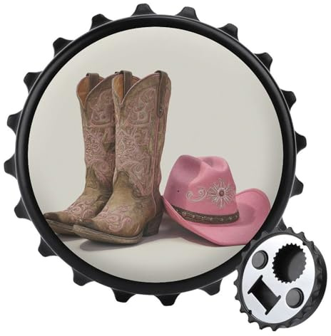 Cowgirl Boots with Pink Cowboy Hat Bottle Opener Round Fridge Magnets Beverage Beer Magnetic Bottle Cap Opener for Fridge, Kitchen, Office