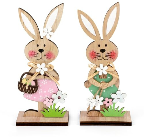 TJHDSF Set di 2 Coniglietti pasquali,Coniglietti pasquali decorativi,Decorazioni pasquali,Coniglietto pasquale in legno, Decorazioni pasquali da giardino con conigliettis pasquali