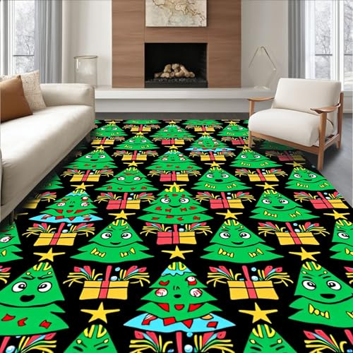 Design&I Flatwoven Area Rug 4x6 ft, Cheerful Yuletide Character Forest Punch Art Motif, Machine Washable, Stain Resistant Indoor Rug for Living Room, Bedroom, Non Slip Decor (Pad)