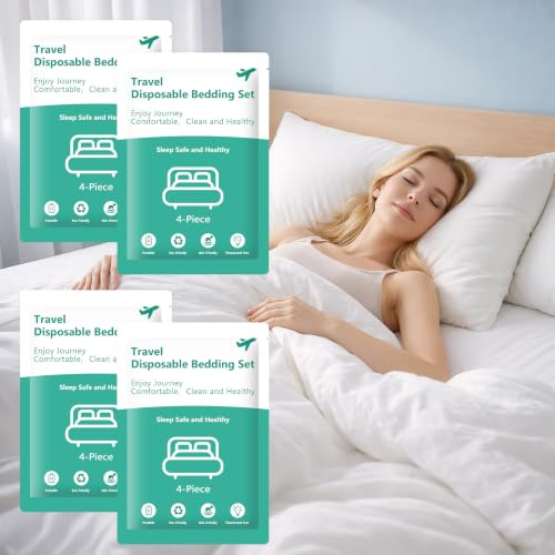Lot de 4 Parures de Lit Jetables, 4 Pièces par Parure, Lit Double/Queen | Kit Hygiène avec 1 Drap, 1 Housse de Couette et 2 Taies pour Hôtel, Camping, Croisière, Locations et Invités