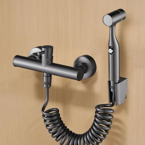 FQYEP Hand Held Bidet Sprayer Grifo WC Higienico Mezclador De Agua Fría Y Caliente Soporte Ajustable De 30° Montado En La Pared Latón,Gris Pistola