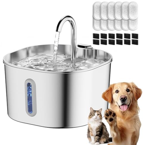 Fontana per Cani Selenepets, Fontanella per Cani Selene, Fontanella per Gatti in Acciaio Inox Da 2,2 L Con Indicatore Del Livello Dell'acqua, 3 Filtrazione E Pompa Silenziosa (con kit di 12 filtri)