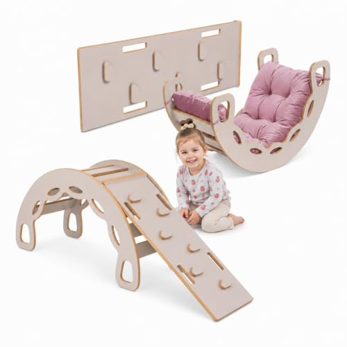 MISIOO Klätterställning inomhus från 1 år, Montessori klätterbåge 4-i-1 med rutschkana, klättervägg och kudde, träleksaker för spädbarn och barn