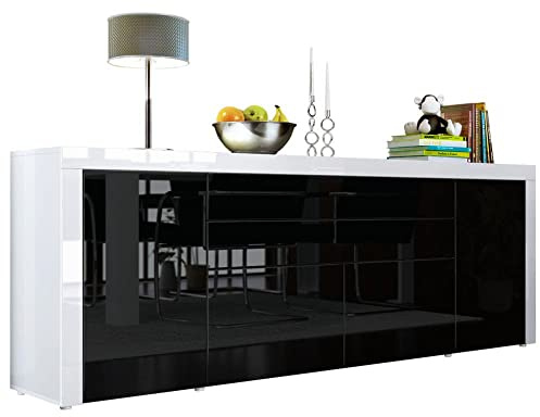 Vladon Sideboard La Paz V2, Made in Germany, Kommode mit 2 Türen, 2 Schubkästen und 2 Klappen, Weiß Hochglanz/Schwarz Hochglanz/Weiß Hochglanz (200 x 72 x 35 cm)