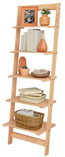 5-Tier Ladder Shelf - 50-Inch Narrow Leaning Bookshelf - Wooden Bookcase for Living Room, Bathroom, Kitchen, Office, or Bedroom Furniture by Lavish Home (Oak)