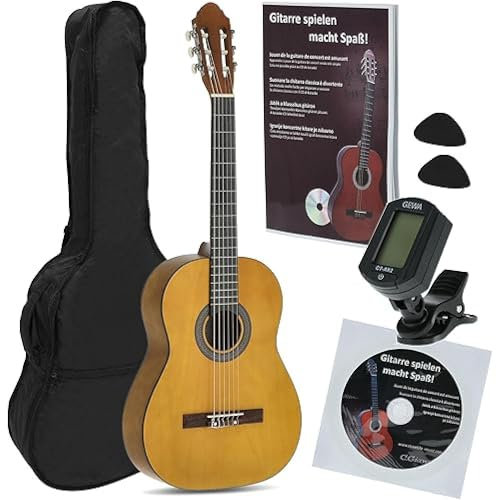 Juan Miguel Navarrez Konzertgitarre, klassische Gitarre, 4/4 schwarz, Starter Set (inkl. Tasche, Plektren, Buch mit CD, Stimmgerät)