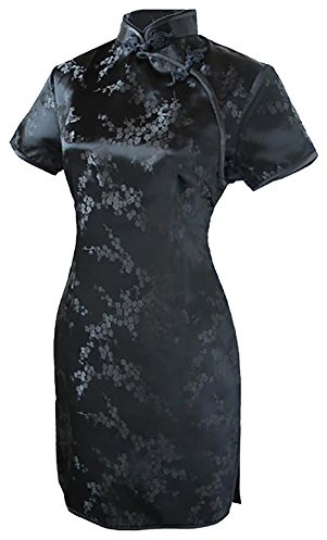 7Fairy Women's Sexy Black Floral Mini Chinese Evening Dress Cheongsam Size 2 US