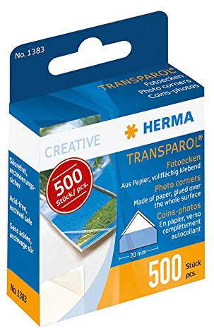 HERMA 1383 Fotoecken, 500 Stück, selbstklebend transparente Fotokleber Ecken für Fotoalbum, Scrapbook, Hochzeit, Fotobuch, Klebepads für Fotos in Spenderbox