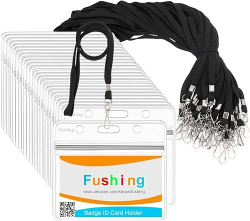 Fushing 30pcs étiquettes de protection en plastique transparent en forme de carte d'identité, porte-cartes d'identité et cordons à cols 30pcs avec crochet pivotant