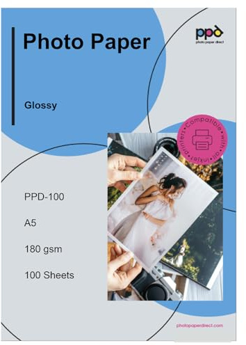 PPD Inkjet - A5 (148 x 210 mm) x 100 Hojas de Papel Fotográfico Brillante 180 g/m² - Secado Instantáneo - Para Impresoras de Inyección de Tinta - Oferta ahorro - PPD-100-100