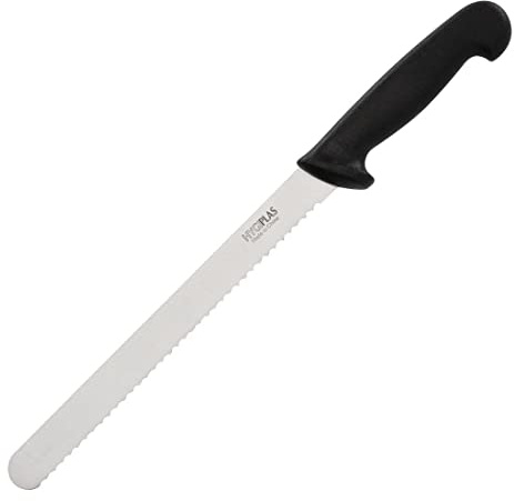 Hygiplas Professional Serrated Slicing Knife, 10 Inch, Black | Ergonomic handle ensures a secure, comfortable grip to reduce hand fatigue during long shifts in busy commercial kitchens.