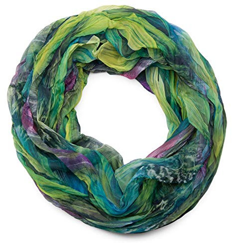 styleBREAKER Damen Loopschal Feder Muster Batik Style | leichter Schlauchschal mit Crash Crinkle Optik | weiches Halstuch für Frühling und Sommer, Farbe:Grün