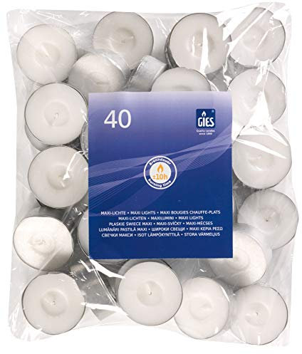 Gies 205-455000-10, Durchmesser 58 mm, in Metallhülsen, 40er-Beutel, Weiss Kerzen, Teelichte, Maxi-Lichte, 40