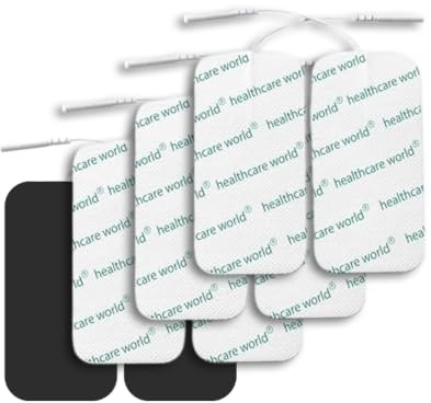 Healthcare World Tens-Elektrodenpads, 10 x 5 cm, Selbstklebende Elektroden (8 Stück), vorverkabelt, kompatibel mit Tenscare-, Elle-, Auvon- und Neurotrac-Tens-Geräten