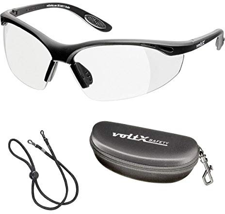 voltX 'Constructor' (TRANSPARENTES dioptría +1,50) Gafas de Seguridad con aumento total de lente (no bifocal), incluye cordón con tope regulable y funda rígida + Lente UV400 con recubrimiento antivaho