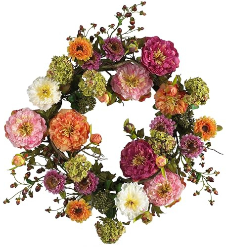 Nearly Natural 24 in Artificial Peony Wreath for Front Door Decor