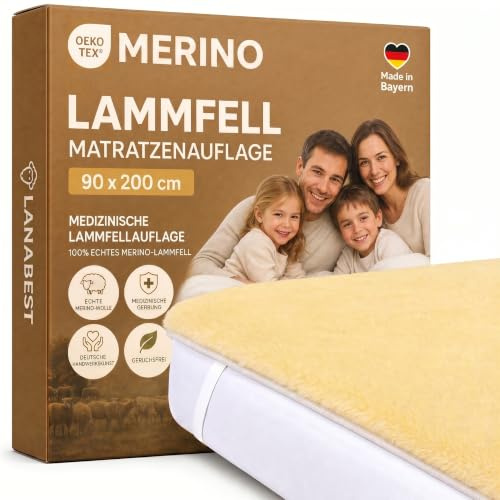 Coperta di letto in pelle di agnello Merino LANABEST 90 x 200 cm. Qualità tedesca premium. 100% fatto in Germania, concia medicale, certificato Oeko-Tex. Lavabile a 30 °C. Il pelle Merino e soffice e denso. Un coperta di merino fa bene contro reumatismi o mal di schiena. Taglia 90 x 200 cm
