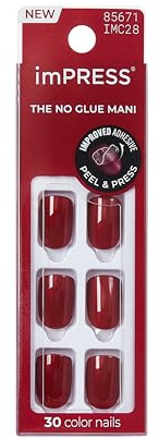 KISS imPRESS No Glue Mani Press On Nails, Color, 'Red Velvet', Red, Short Size, Squoval Shape, Includes 30 Nails, Prep Pad, Instructions Sheet, 1 Manicure Stick, 1 Mini File